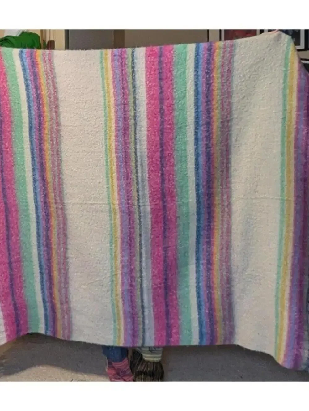 Free People $78 Oversized Pink Teal Striped Blanket Multi Color Fringe Wrap